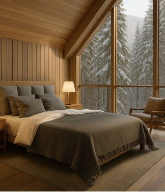 Pilkas vilnos užklotas interjere