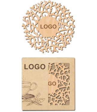 Personalizuoti mediniai padėkliukai O6 ir dėžutė su logo