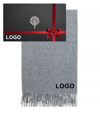 Pilkas šalikas su logo ir dovanų dėžutė su logo