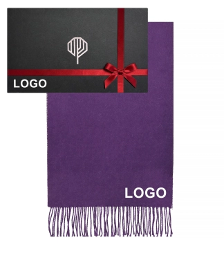 Vilnonis šalikas violetinis su logotipu ir dovanų dėžutė