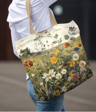 vasariškas pirkinių krepšys su gėlėmis