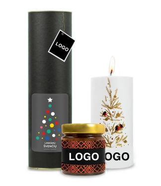 Kalėdinė dovana verslo partneriams medus ir personalizuota žvakė