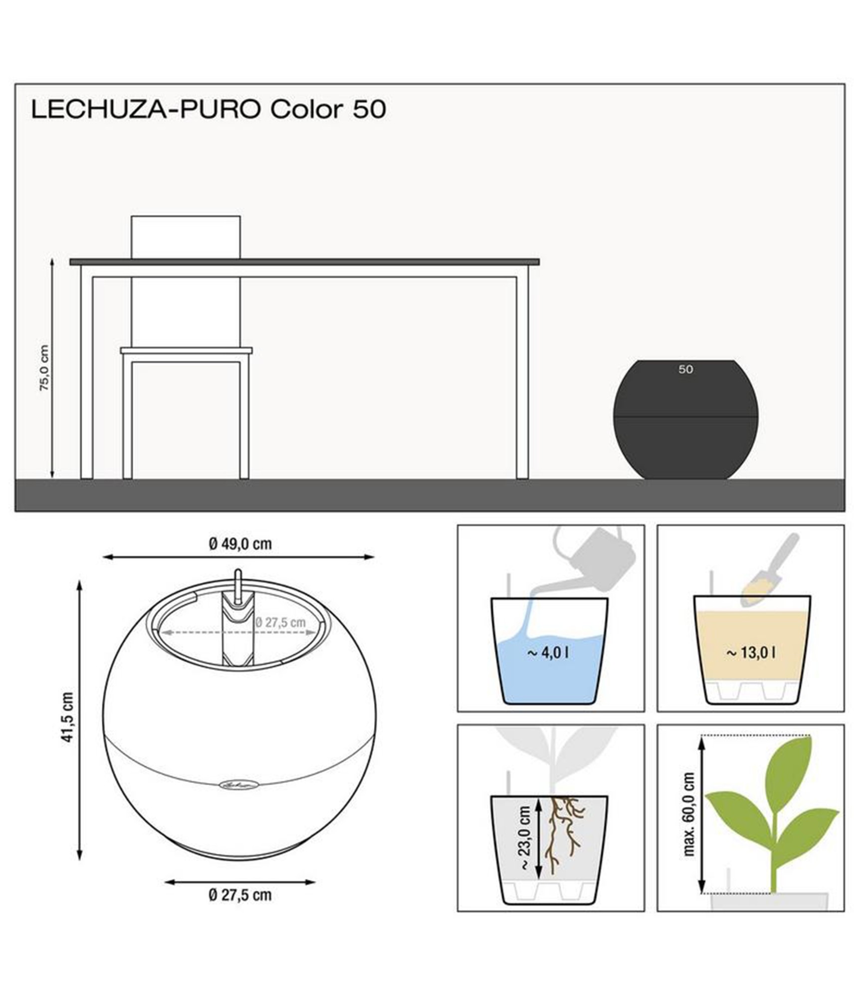 Apvalus vazonas Lechuza Puro 50 4 Apvalus vazonas Lechuza Puro 50 4