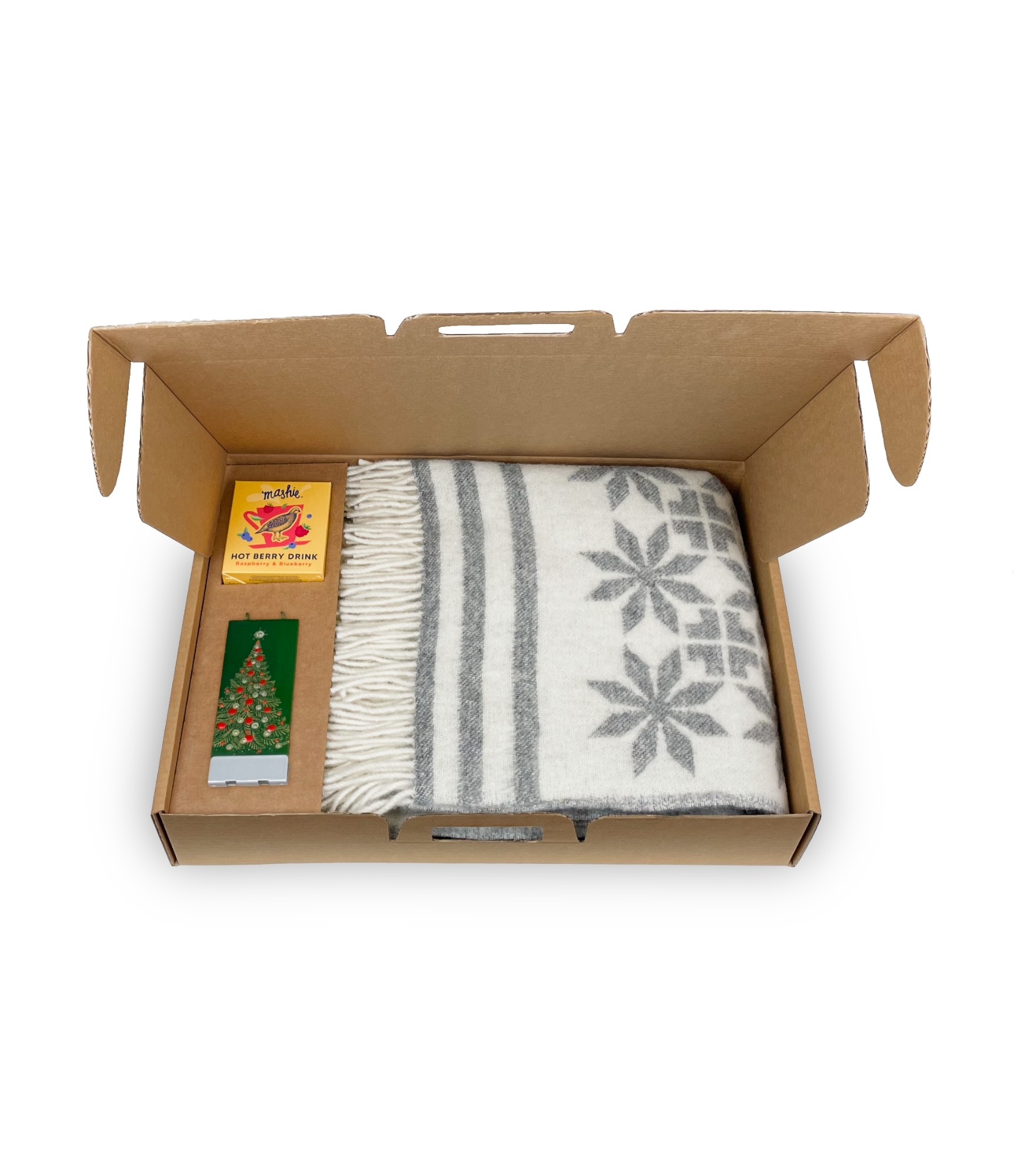 kaledinis rinkinys vilnonis pledas arbata ir zvake