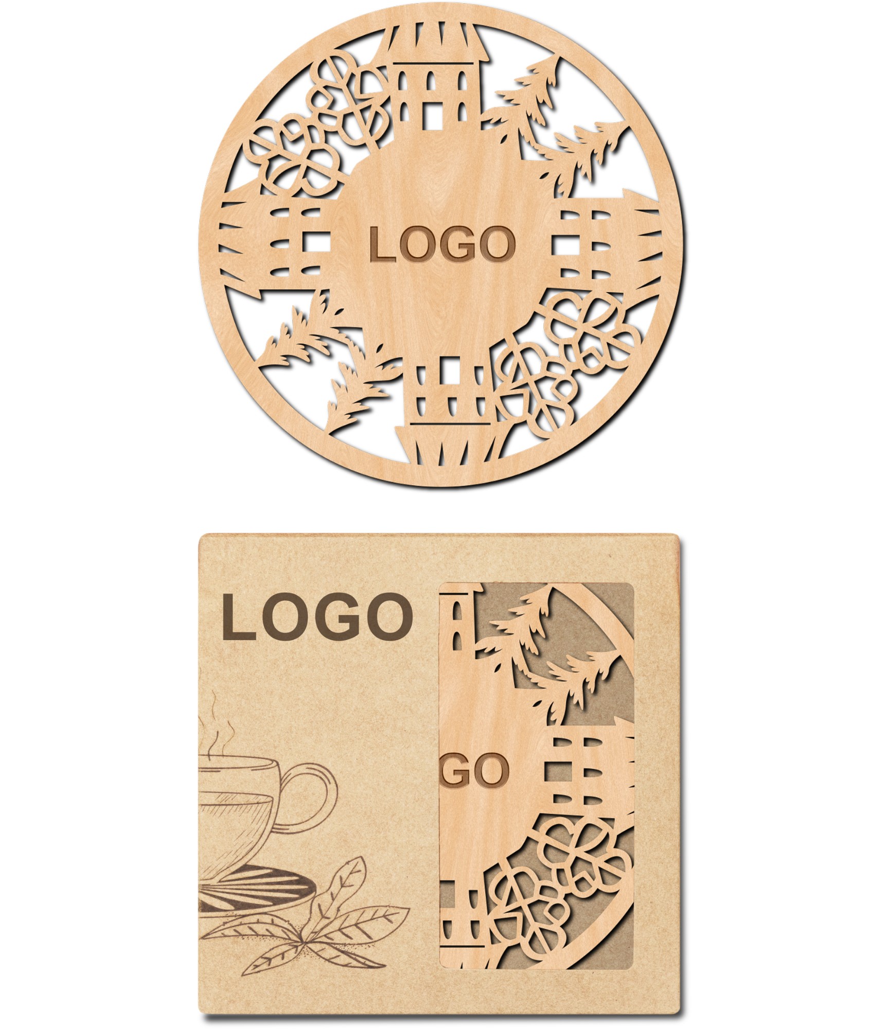 Verslo dovanų rinkinys mediniai padėkliukai ir dėžutė su logo