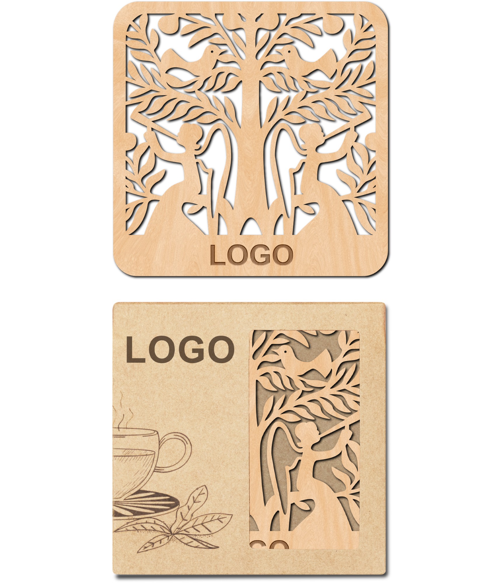 Mediniai padėkliukai H222 ir kartoninė dėžutė su logo