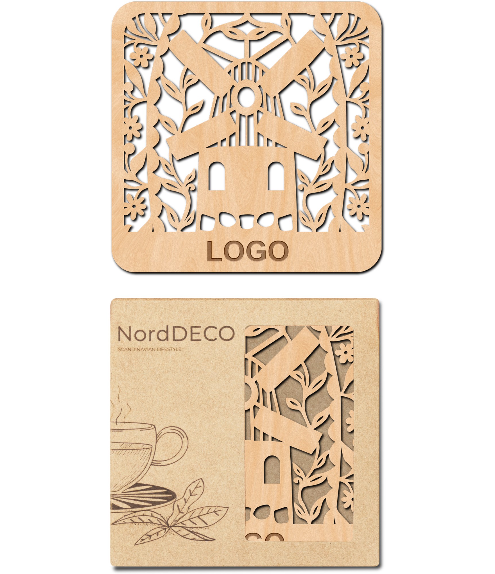 Mediniai padėkliukai su logo ir dėžutė idėja verslo dovanai