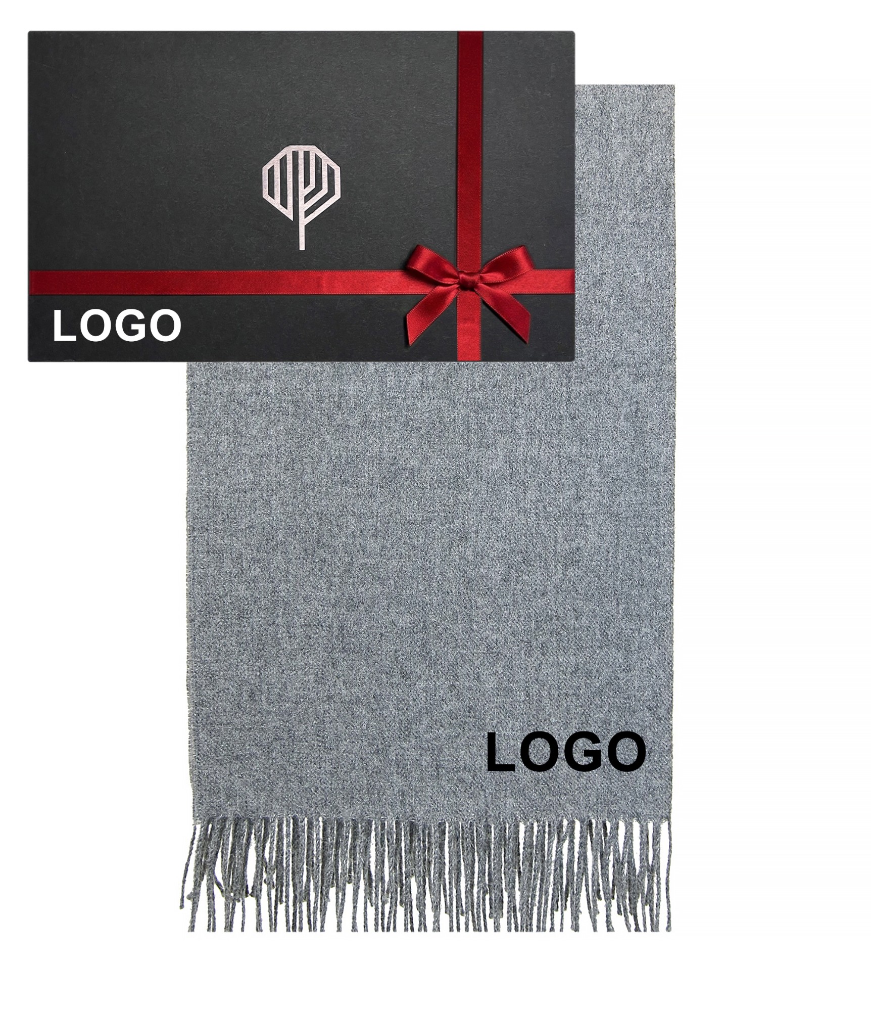Pilkas šalikas su logo ir dovanų dėžutė su logo