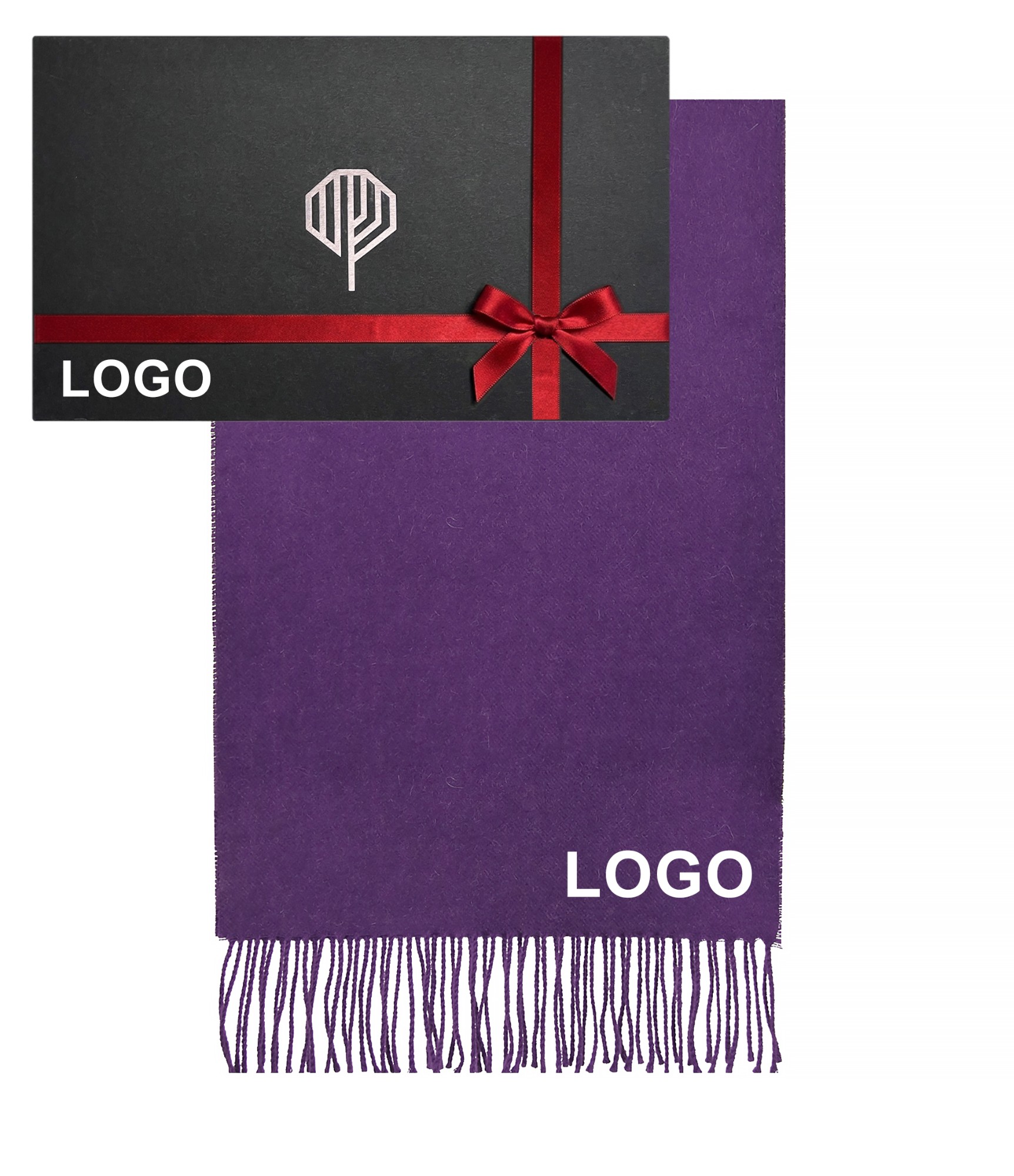 Vilnonis šalikas violetinis su logotipu ir dovanų dėžutė
