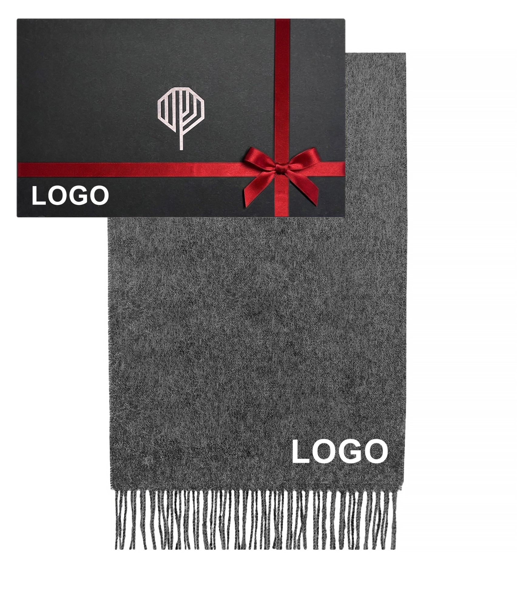 Pilkas šalikas su logo ir personalizuota dėžutė