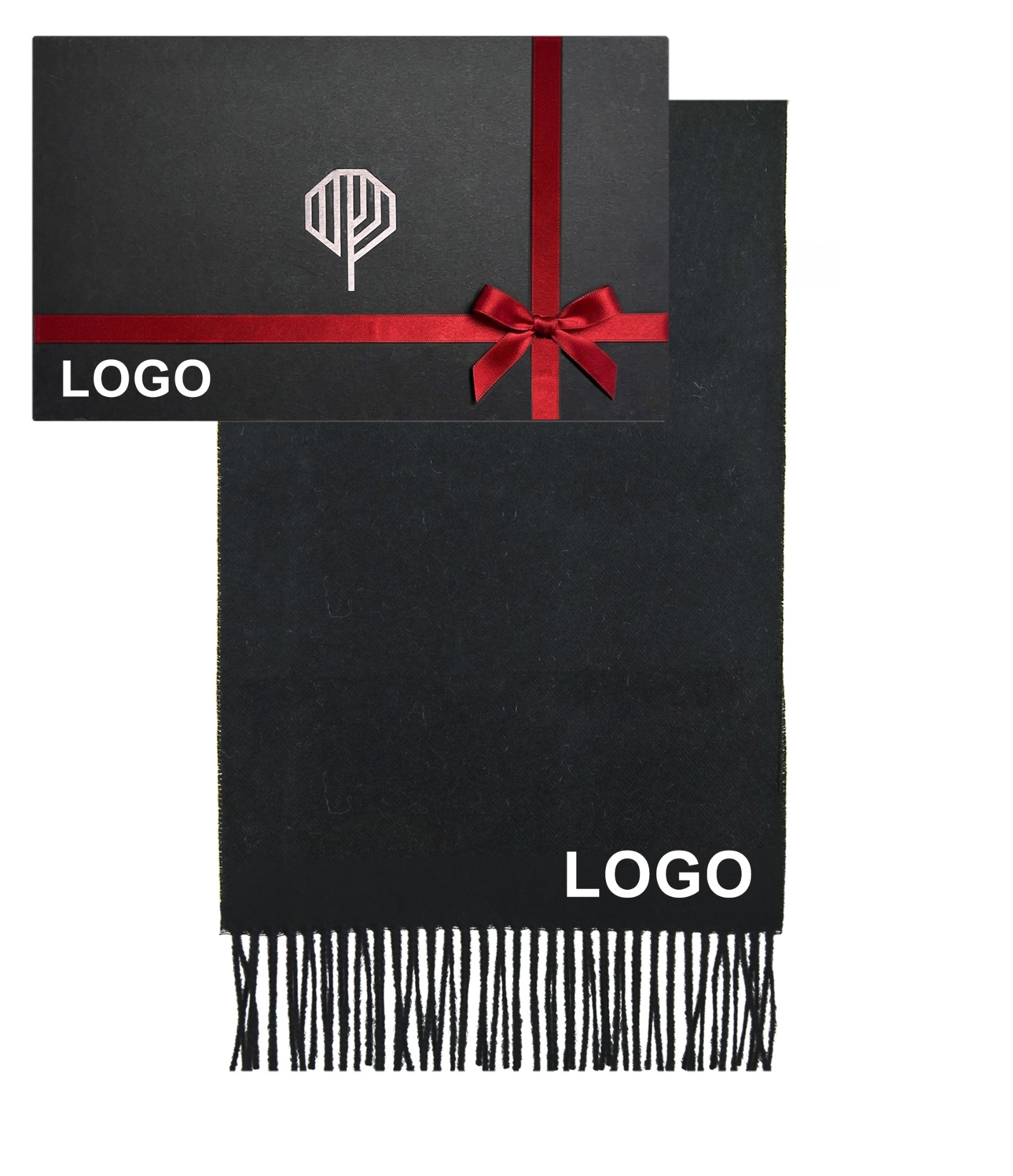 Prabangus vilnonis šalikas juodos pslavos ir dėžutė su logo