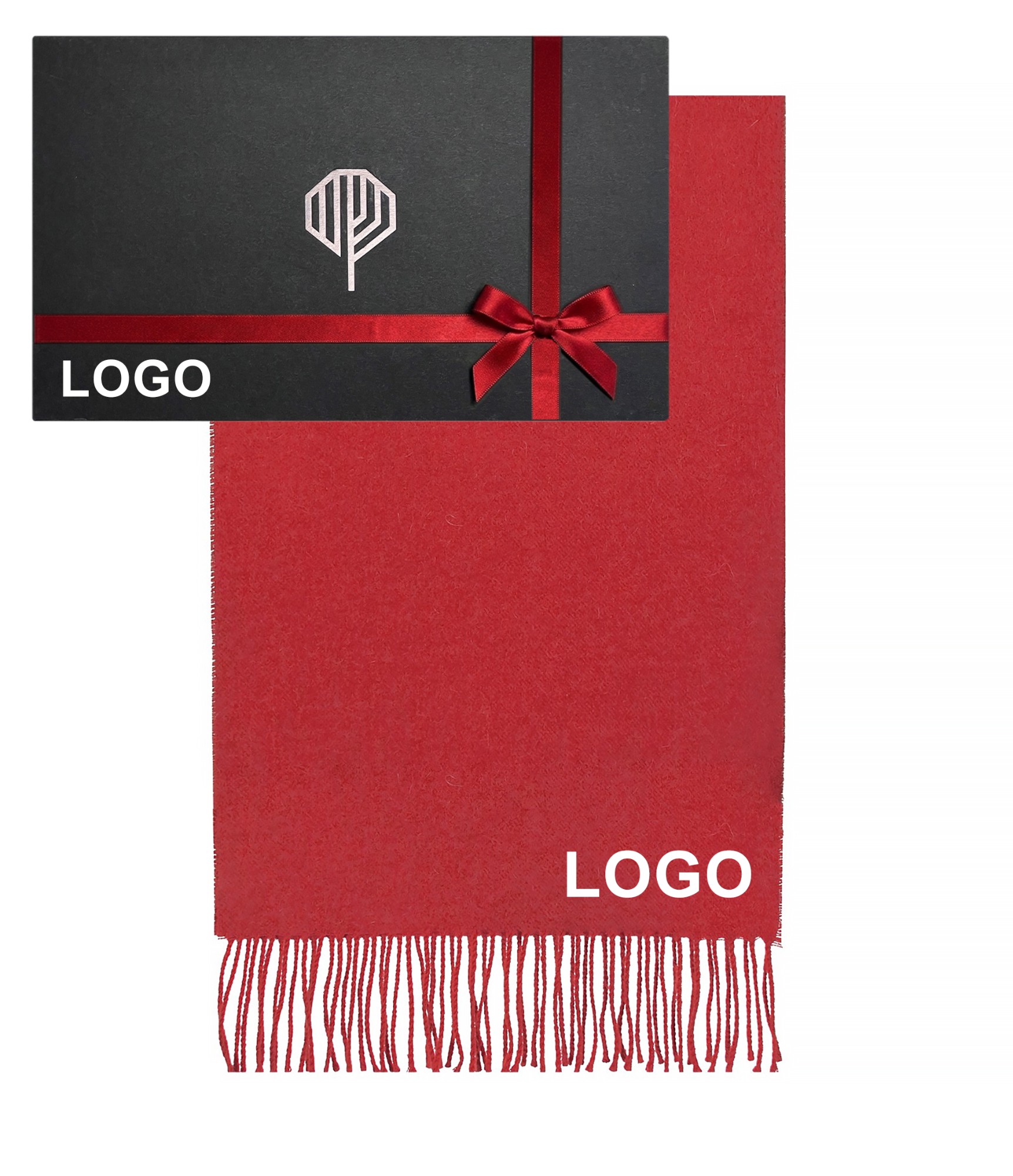 Raudonas šalikas su logotipu ir dovanų dėžutė