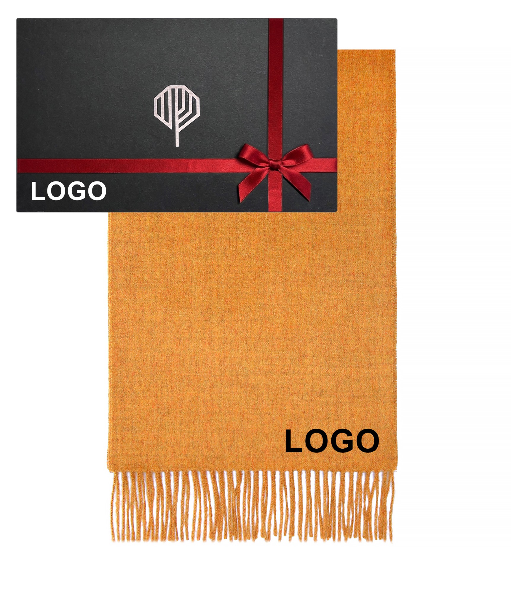 Garstyčių spalvos šalikas su logotipu ir dovanų dėžutė