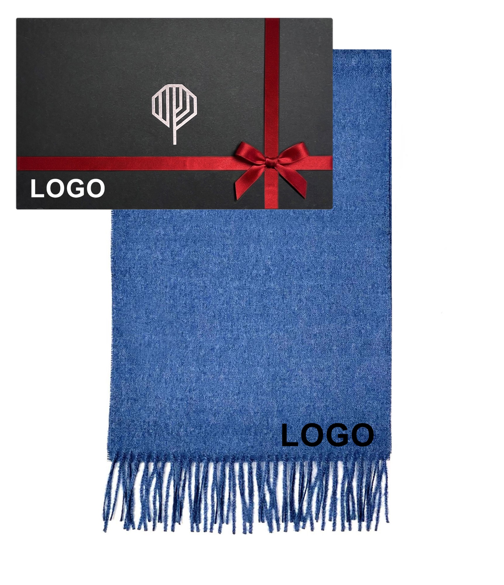 Šviesiai mėlynas šalikas ir dėžutė su logo verslo dovana